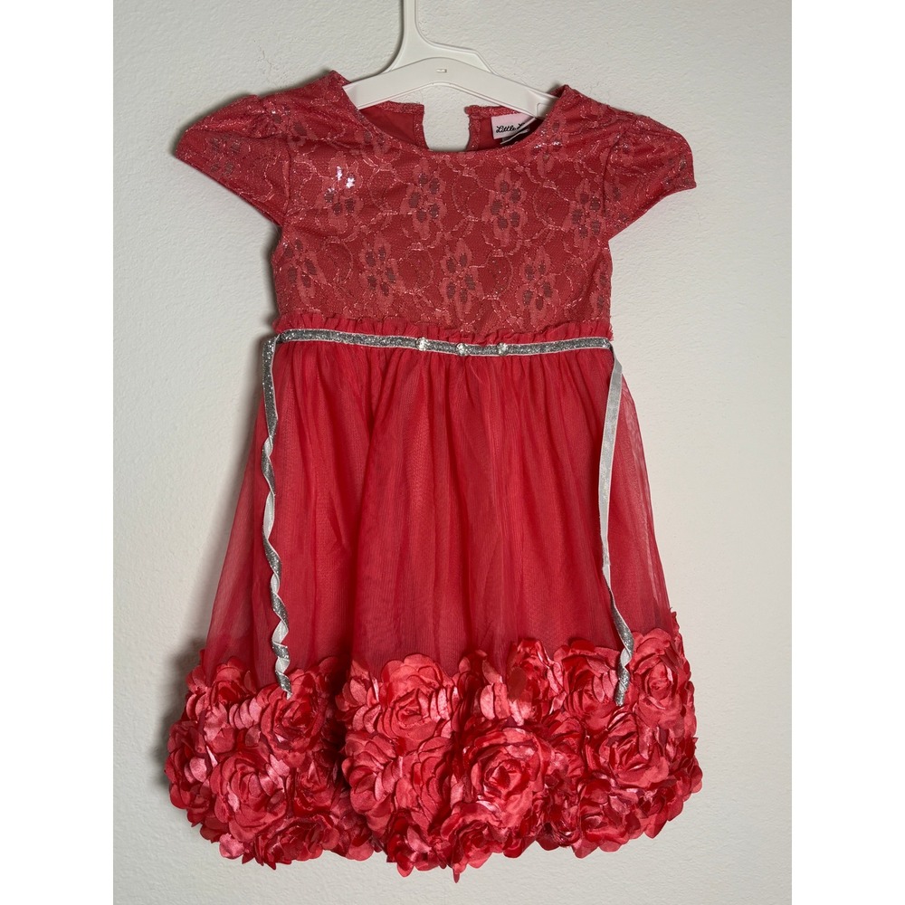 Little Lass Girls Red Sequin Lace Tulle Rosette Party Dress Size 6X Holiday